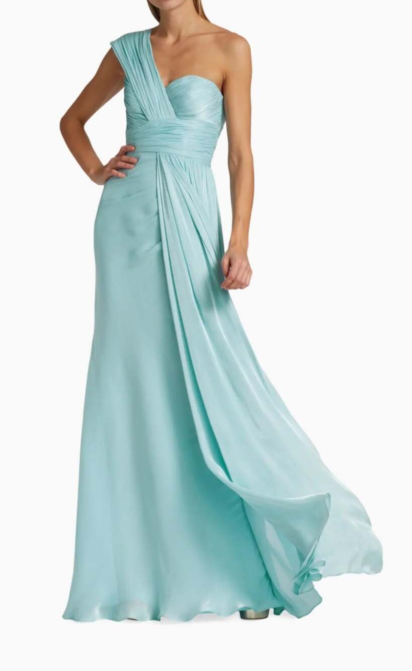 Badgley M Draped one shoulder chiffon gown 6 light blue satin maxi prom formal